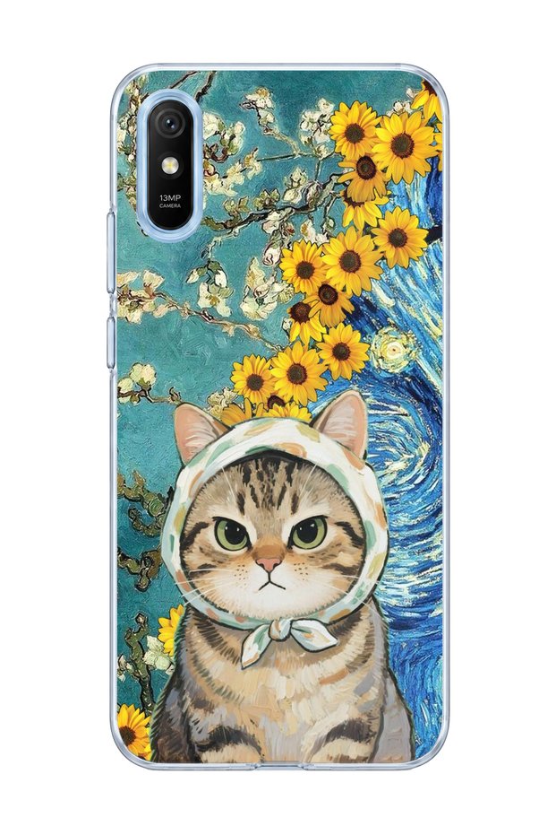 Redmi 9A Compatible Starry Night Tabby Cat Printed Transparent Phone Case