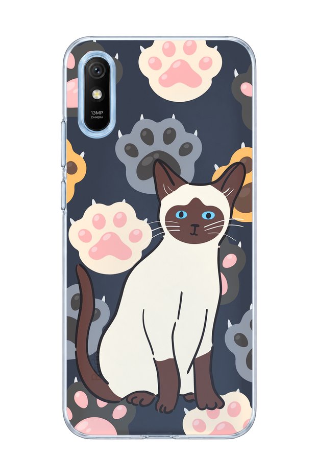 Redmi 9A Compatible Transparent Phone Case with Siamese Cat Paw Print
