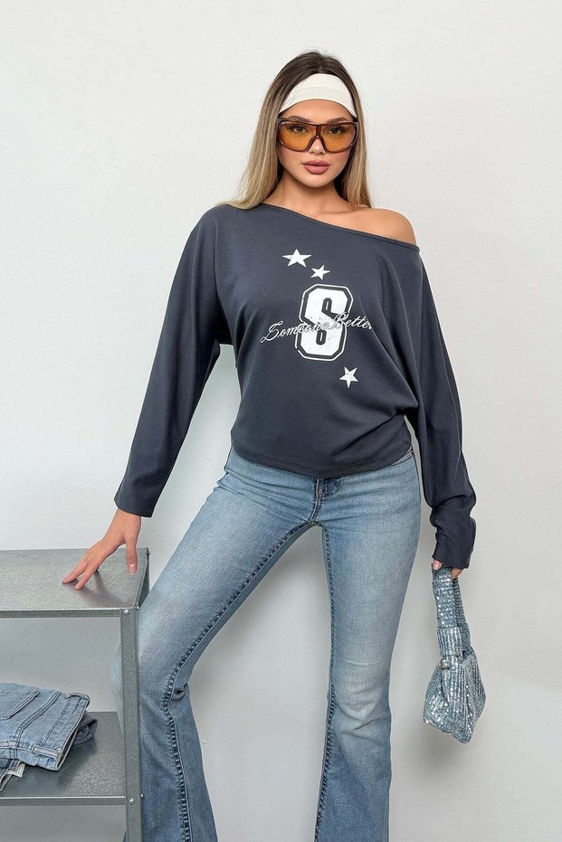 Women's Boat Neck Someone Printed Modal Sweatshirt Anthracite - 12555