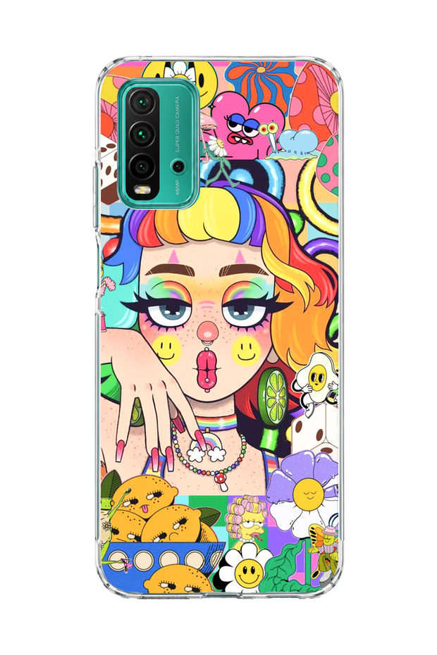 Redmi 9t Compatible Rainbow Hair Girl Printed Transparent Phone Case