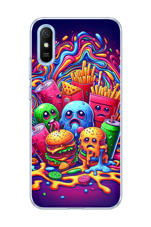 Redmi 9A Compatible Neon Hamburger Potato Printed Transparent Phone Case