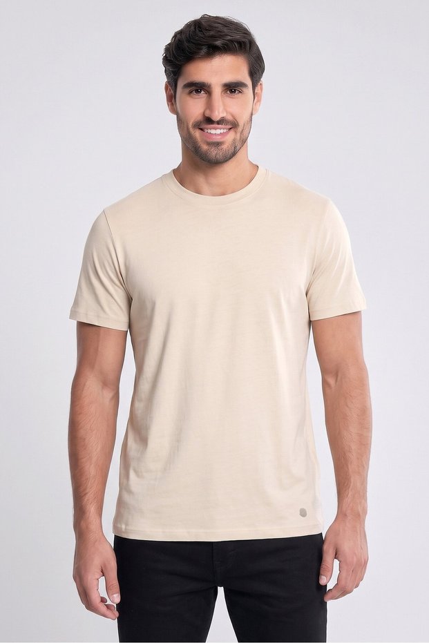 Men Crew Neck Short Sleeve Solid T-Shirt, Beige