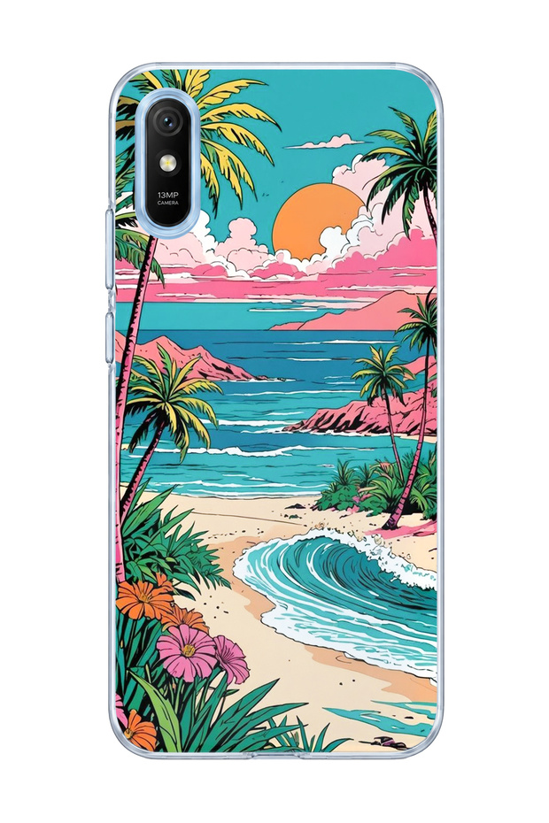 Redmi 9A Compatible Tropical Beach Palm Printed Transparent Phone Case