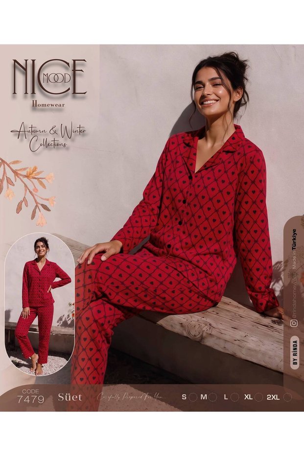 Soft Suede Fabric Shirt Collar Buttoned Long Sleeve Winter Pajama Set