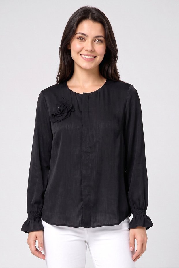 Women Round Neck Metallic Long Sleeve Blouse With Corsage, Black