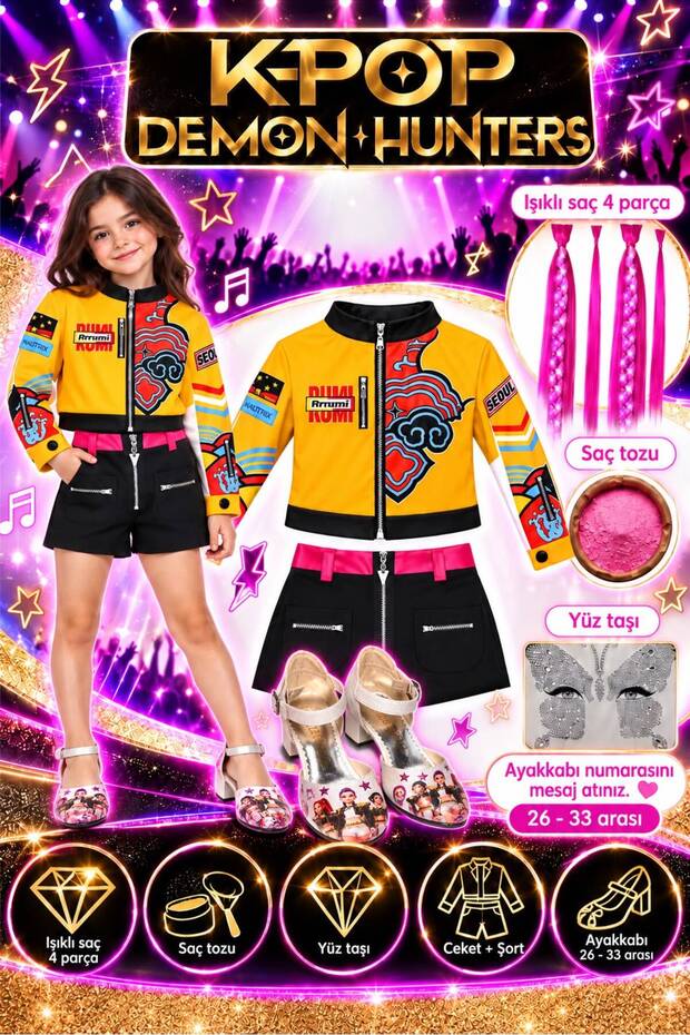 Kpop Huntrix Mira Leather Jacket - Shorts - Face Stone - Mira Light Pink Hair - Kpop High Heels Birthday Party Set (with Manifest T-Shirt Gift)