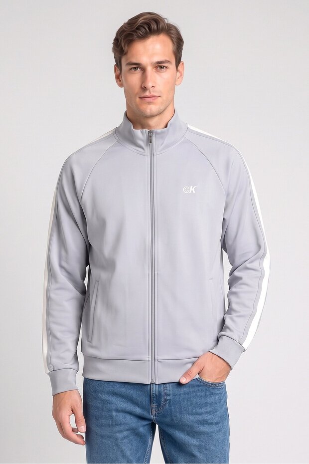 Jeans Men Long Sleeve Embroidered Logo Full Zip Sweatshirt, Grey