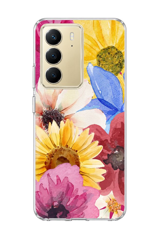 Realme C75 Compatible Sunflower Watercolor Printed Transparent Phone Case