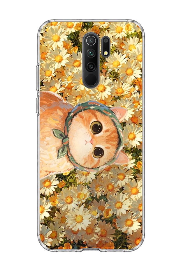 Redmi 9 Compatible Orange Cat Daisy Printed Transparent Phone Case with Scarf