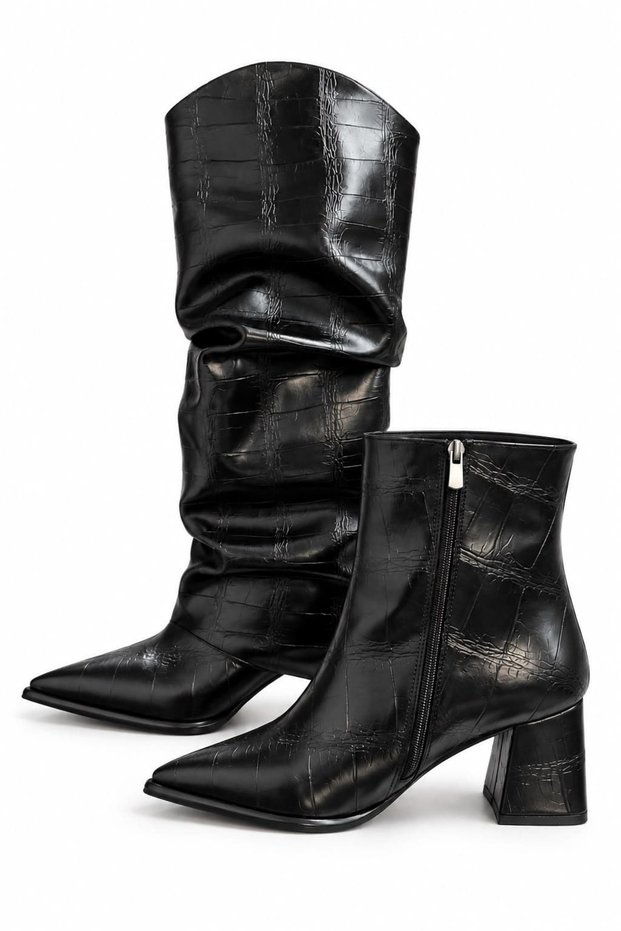 Women's Black Patent Leather Slip-On Crocodile Heeled Boots