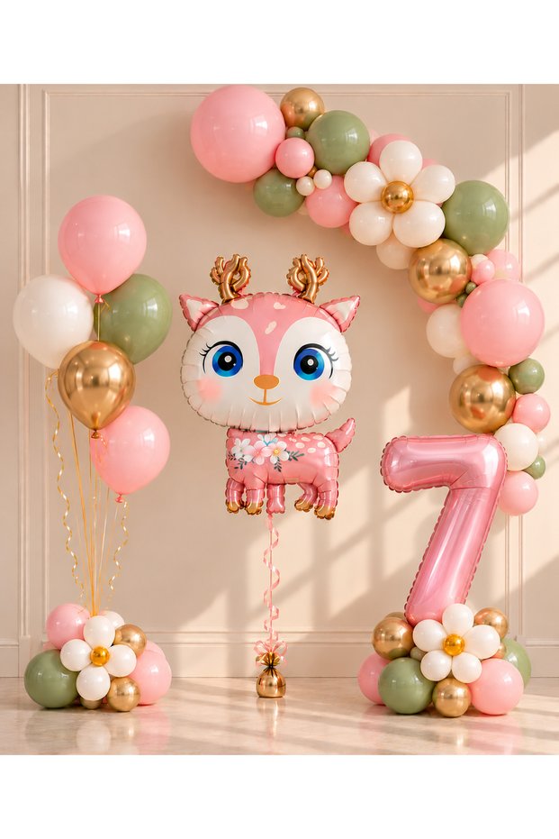 Party 7 Years Old Pink Deer 1-9 Years Birthday Balloon Set – Gold and Sage Green