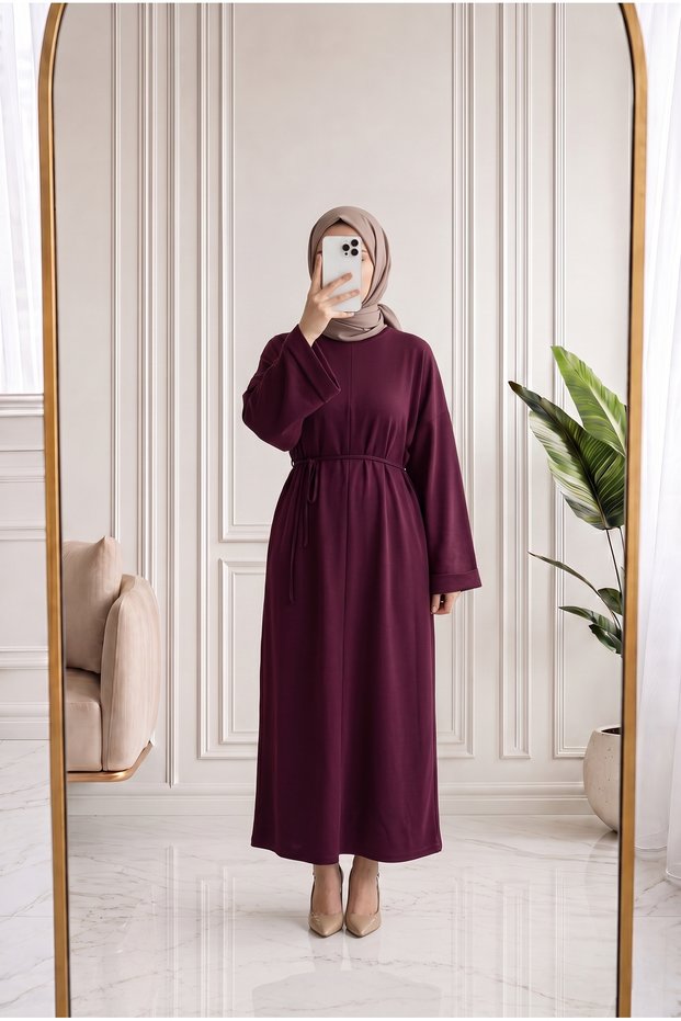 Nevhan Stitched Tie Dress-Ma3666 Burgundy
