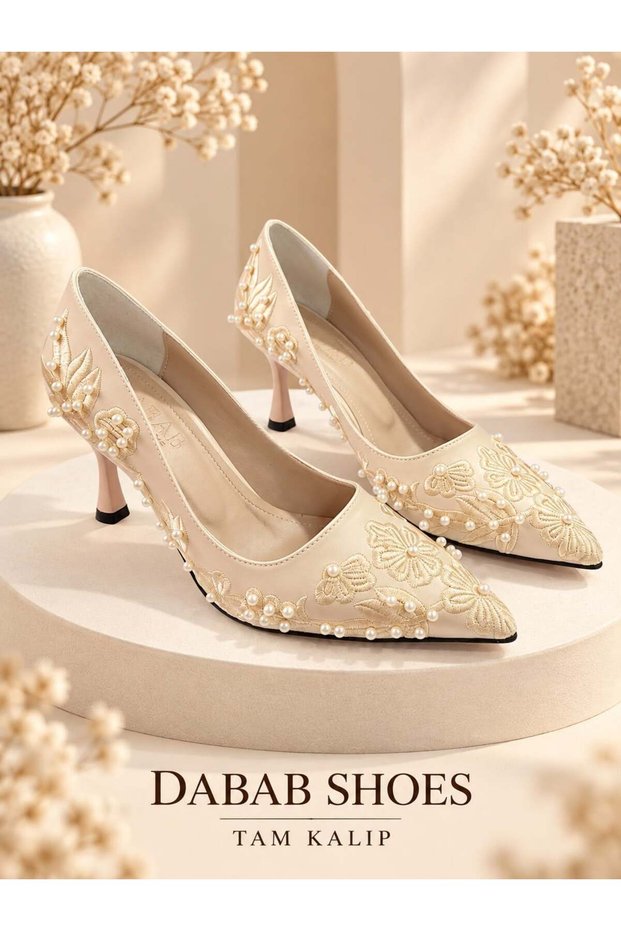 Vianel Women's Beige Floral Embroidered Pearl Embellished Pointed Toe 7 cm Goblet Heeled Evening Dress Stiletto Shoes