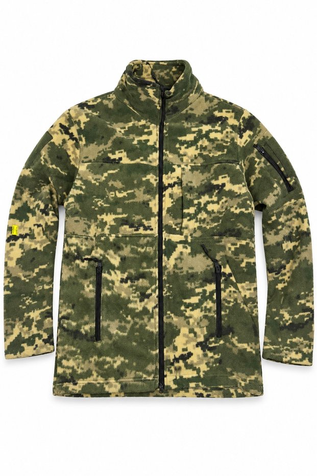 Camouflage Patterned Fleece Coat Green Full Zipper with Pockets Stand Collar