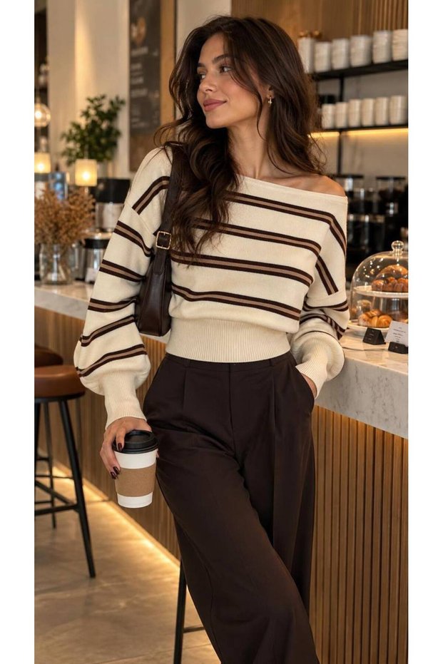 Women's Boat Neck Striped Balloon Sleeve Waist Fitted Knit Sweater
