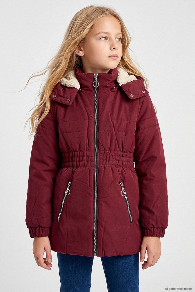 Girl's Coat with Plush Inside and Waist Belt - 26K 5075