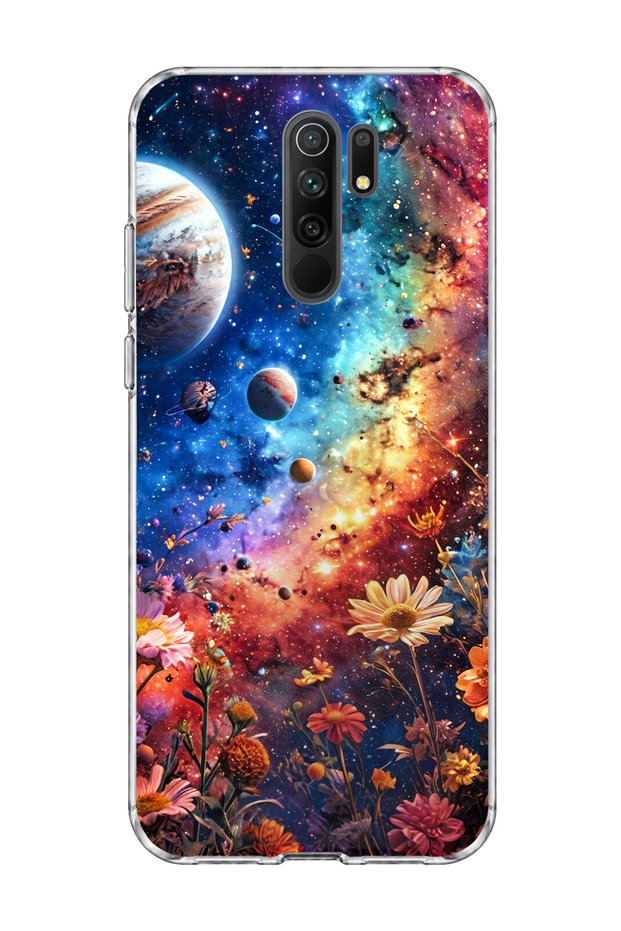 Redmi 9 Compatible Galaxy and Flowers Printed Transparent Phone Case