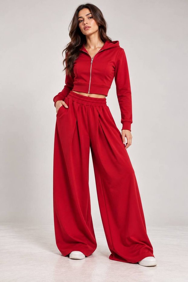 Hooded Zipper Crop Sweatshirt Wide Leg Pants Two-Piece Set