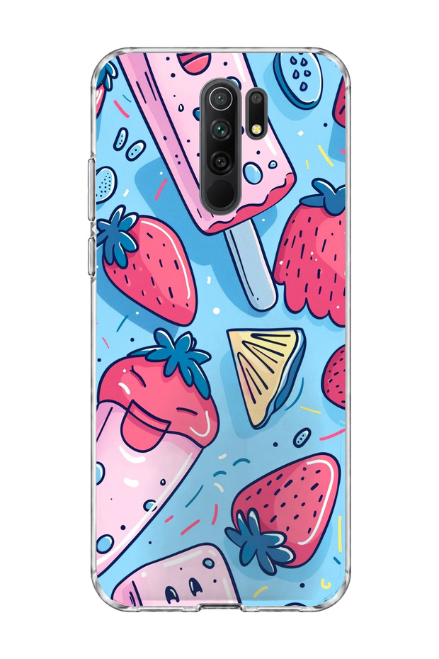 Redmi 9 Compatible Strawberry Ice Cream Blue Printed Transparent Phone Case