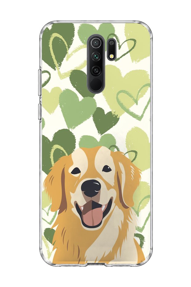 Redmi 9 Compatible Yellow Dog Green Heart Printed Transparent Phone Case