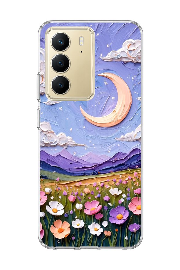 Realme C75 Compatible Crescent and Flower Field Printed Transparent Phone Case