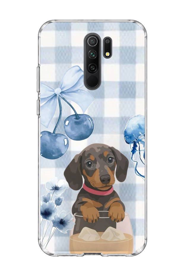 Redmi 9 Compatible Sausage Dog Blue Plaid Printed Transparent Phone Case