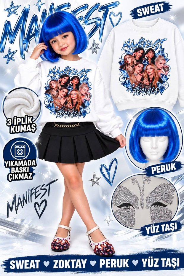 Girl's Sweatshirt with Manifest Print, 3-Thread Sweatshirt + Manifest Zoktay Blue Wig + Face Stone (Print Is Resistant to Washing and Drying)