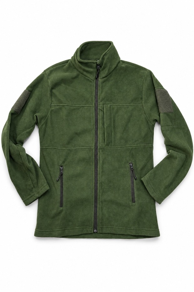 Khaki Green Fleece Coat with Full Zipper, Stand Collar, Pockets and Velcro for Outdoor Use