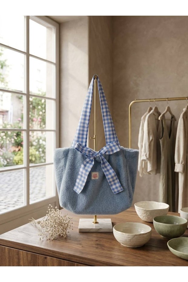 Vintage Touched Plush Bag with Corduroy Lining and Plush Ties Blue 35X30 cm