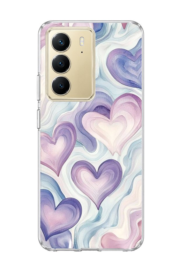 Realme C75 Compatible Lilac Heart Marble Printed Transparent Phone Case
