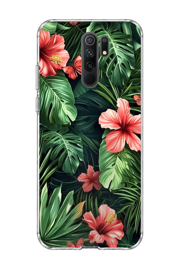Redmi 9 Compatible Red Flower Tropical Leaf Printed Transparent Phone Case