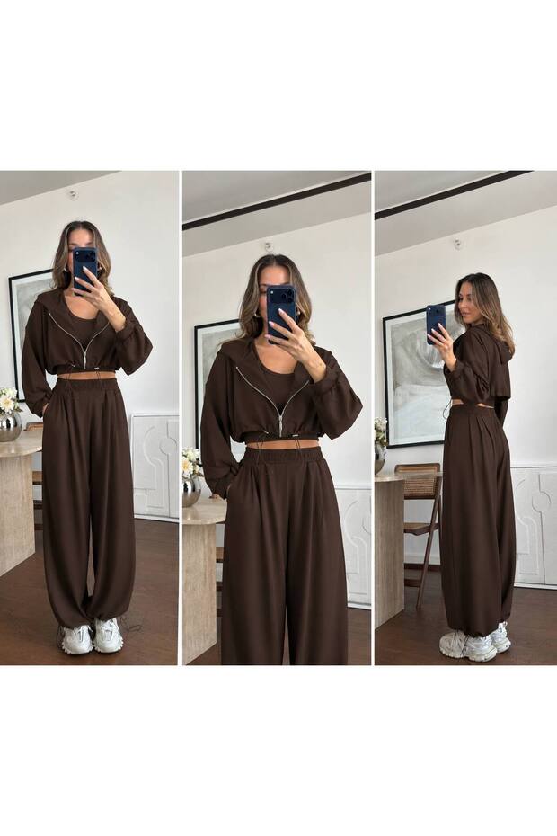 Hooded Crop Sweatshirt Wide Leg Pants Triple Set