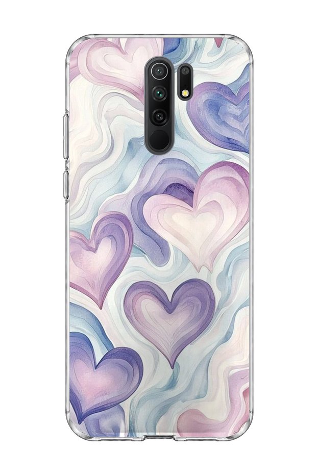 Redmi 9 Compatible Lilac Heart Marble Printed Transparent Phone Case