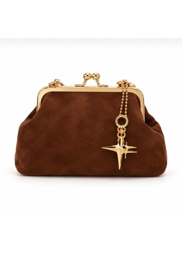 Women's Suede Gold Detailed Chain Strap Scholarship Medium Size Evening Dress Shoulder and Hand Bag