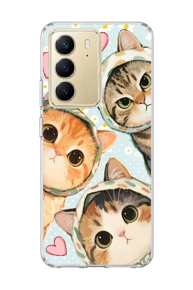 Realme C75 Compatible Three Cats Heart Printed Transparent Phone Case with Scarf