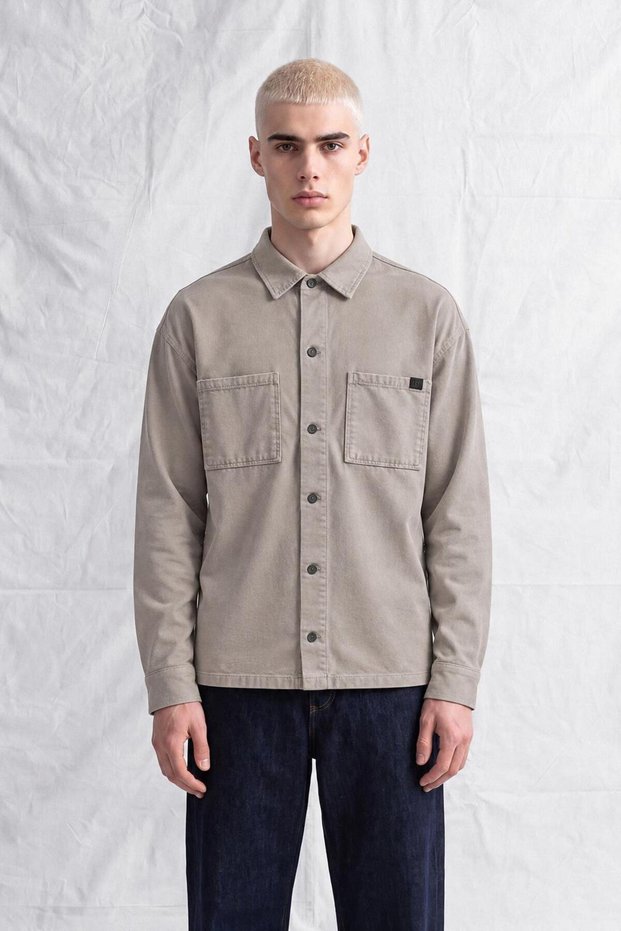 Men's Beige Double Pocket Denim Jacket with Button Detail and Drawstring Sleeves
