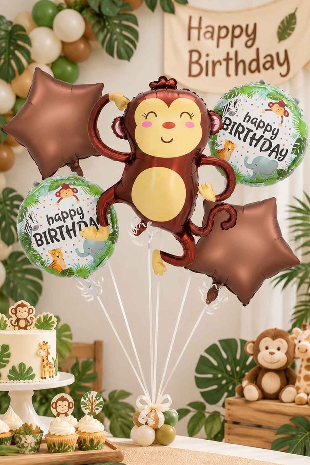 Set of 5 Monkey Balloons Safari Themed Foil Balloons Set