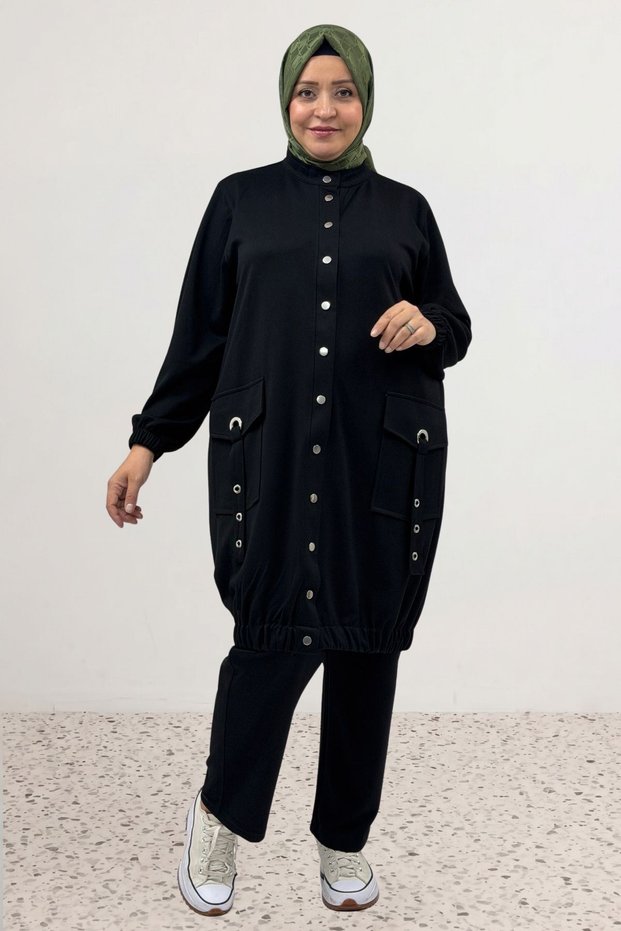67077 Large Size Pocket Detail Modal Trousers Set with Stone Detail - Black