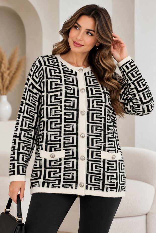 Women's Soft Textured Knitwear Cardigan with Geometric Pattern and Gold Buttons