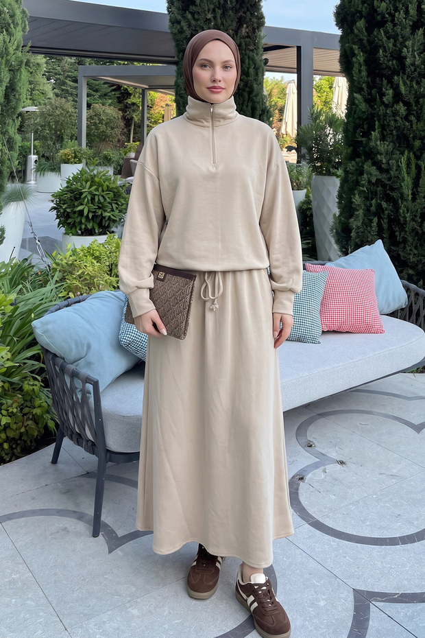 High Collar Skirt Suit 202721 - Stone