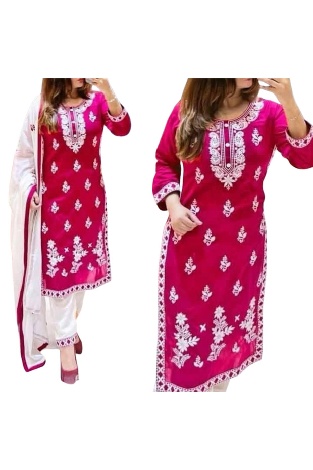 Rani Pink Rayon Cotton Salwar Kameez & Dupatta Set - FFT5826 | Rani PinkSize:3XL-46-Inches