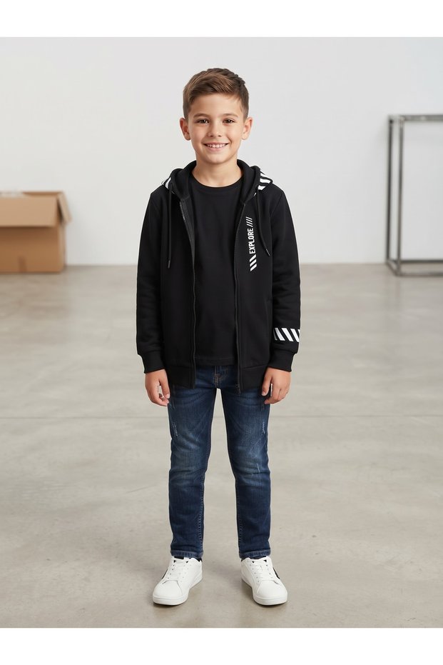 Boy's Black Hooded Zippered Sweatshirt Cardigan 10/13 Years