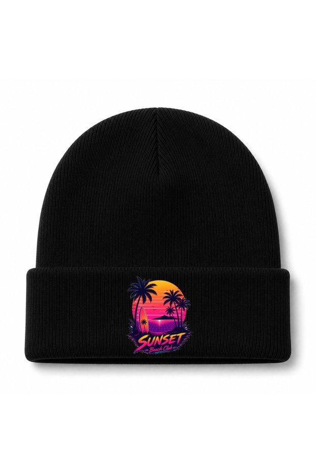 Sunset Beach Club – Retro Tropical Surf Graphic Beanie