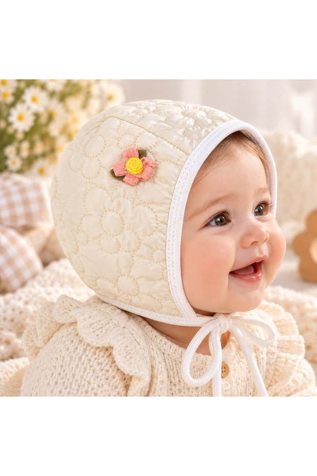 Pink Floral Detailed Quilted Baby Bonnet