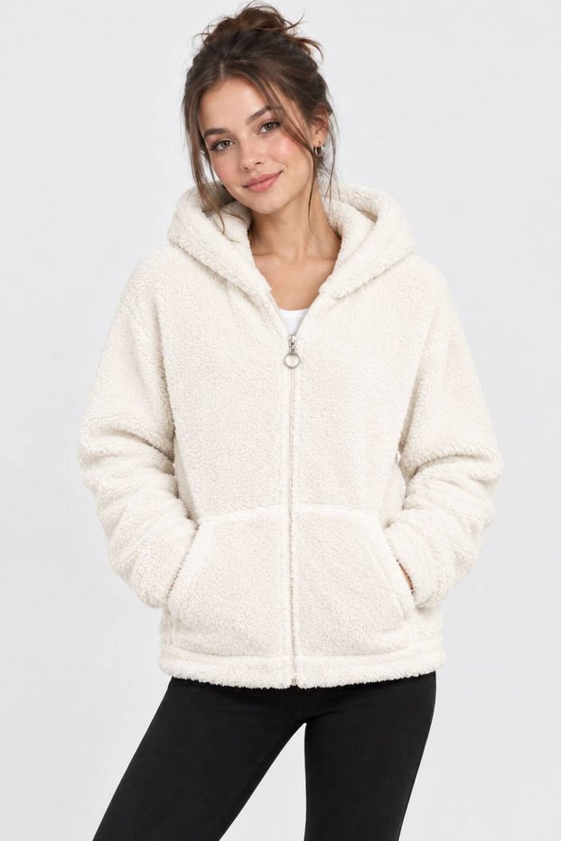 White Color Hooded Zippered Soft Plush Cardigan