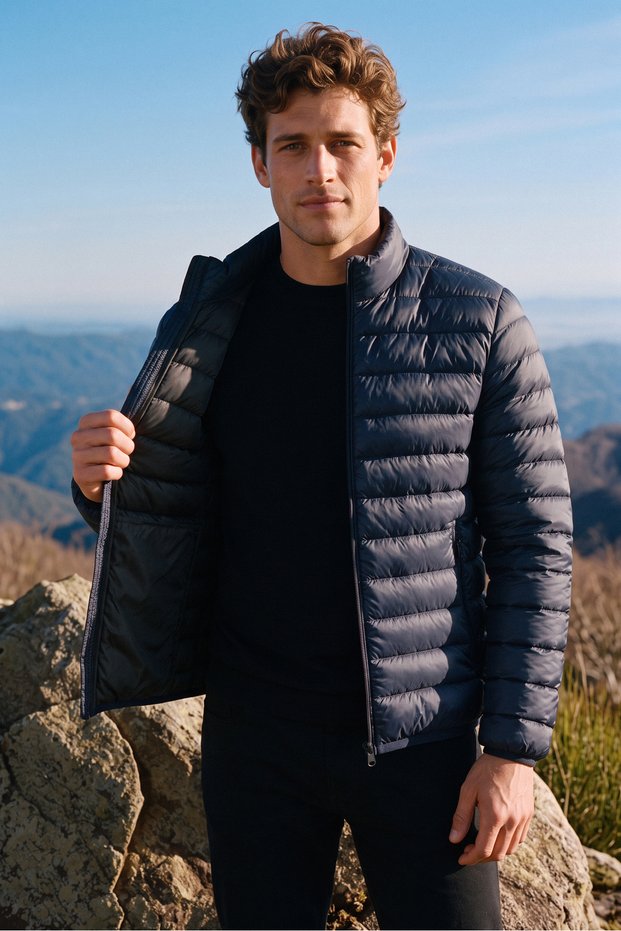 Men's Navy Blue Water and Wind Resistant Lightweight Puffer Jacket with Internal Pocket and Zipper