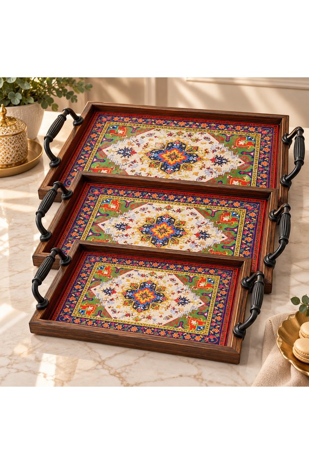 Ert-Bmb-205 Selçuklu Patterned Bamboo Tray with Handles Set of 3 30X40 cm 25X35 cm 20X30 cm