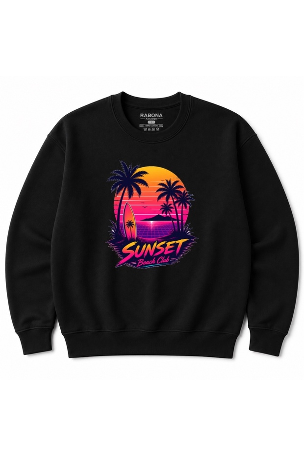 Sunset Beach Club – Retro Tropical Sunset Graphic Sweatshirt