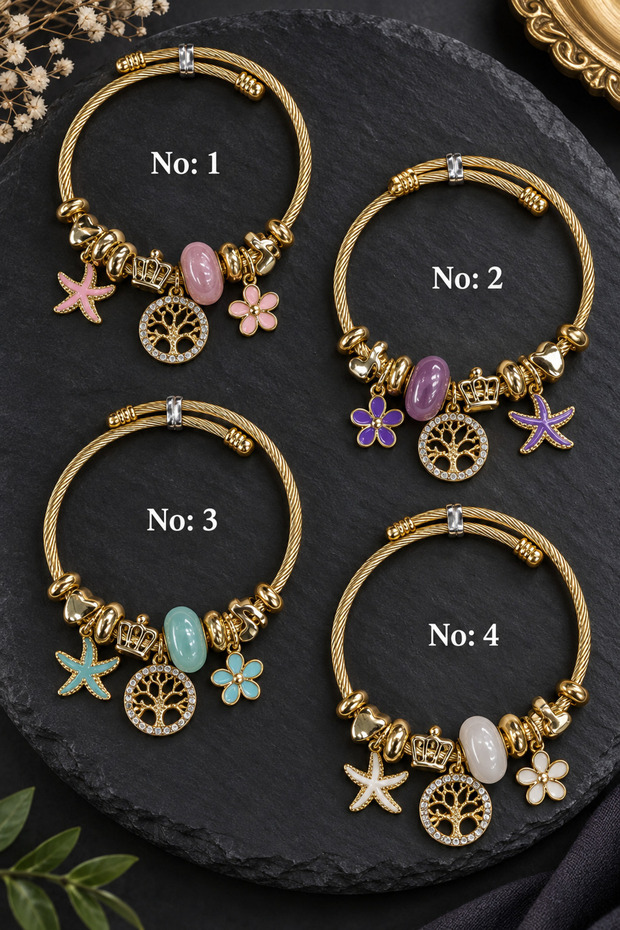 Women's Steel Tree of Life Charm Bracelet with Stone and Zircon Detail Handcuff Bracelet