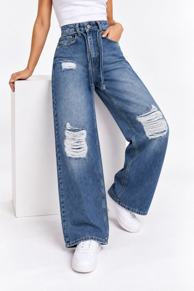 Women's Wide Leg Ripped Blue Baggy Jeans